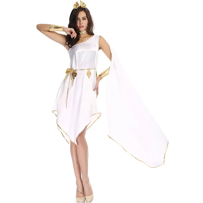 Elegant White Single Shoulder Irregular Long Dress for Women Sexy Greek Goddess Cosplay Uniform Halloween Carnival Fancy Dress