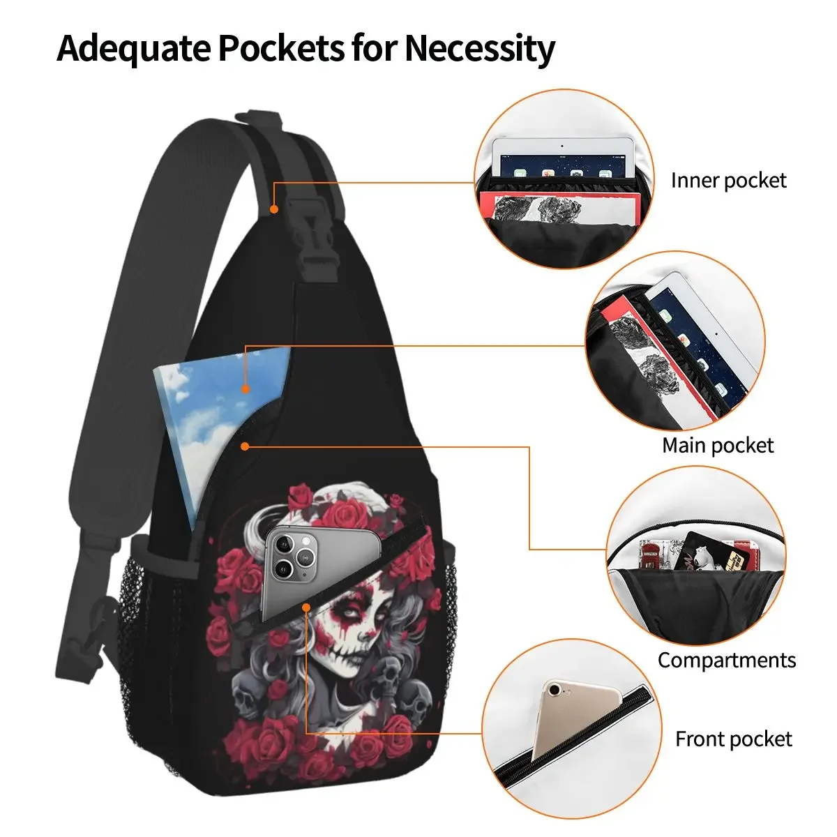 Alexander Gothic Las Elegantes Girls Day Of Dead Skull Chest Bag Men Sling Crossbody Backpack Chest Bag Daypack Shoulder Bag