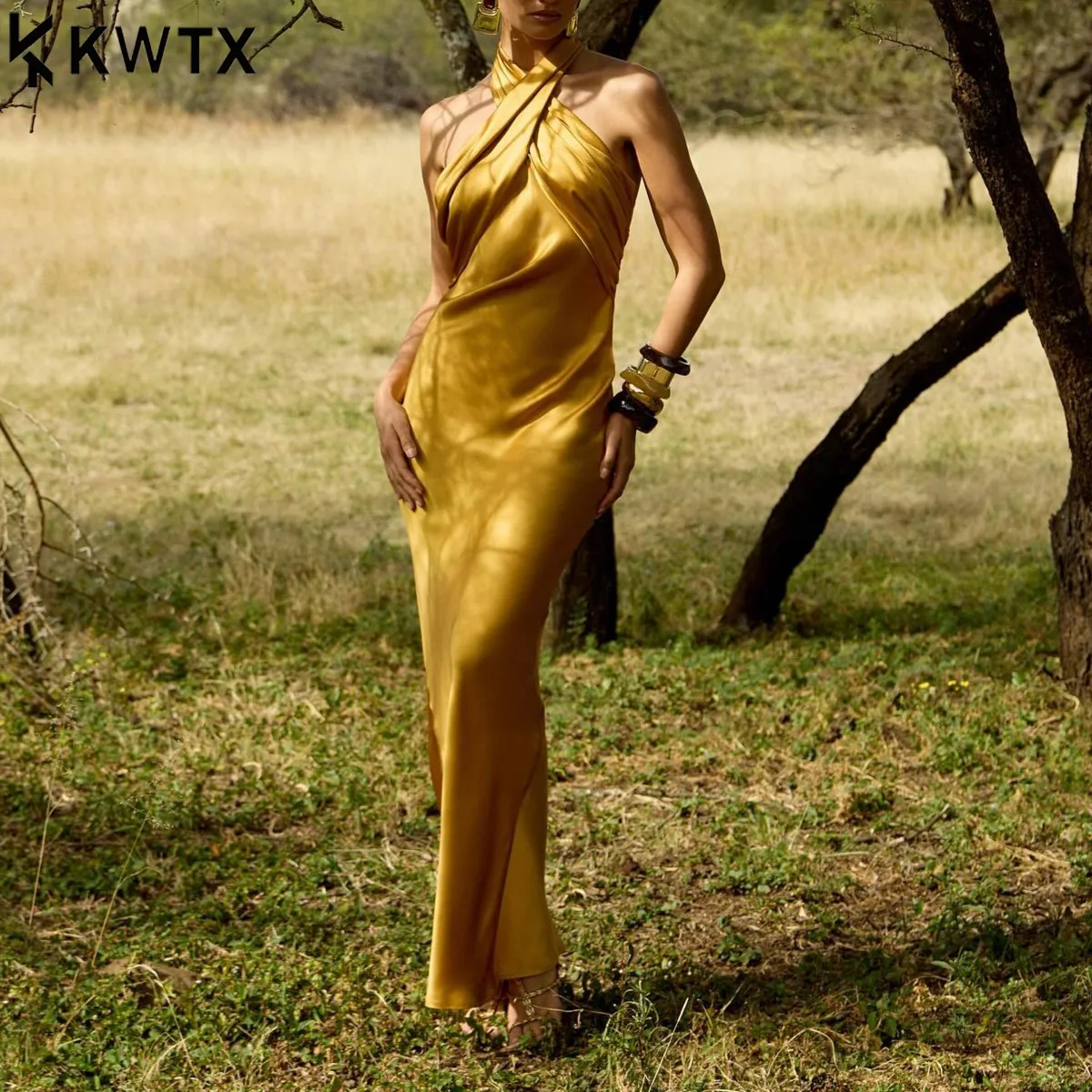 Kwtx popularidade elegante halter pescoço vestido longo de seda recorte designer luxo 2026 verão casual festa à noite maxi vestido aniversário