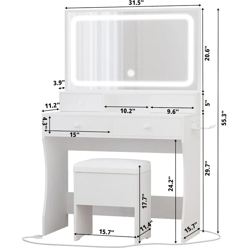 Vanity Desk with LED Lighting Mirror and Power Outlet and 4 Drawers, Vanity Desk with Storage Stool and Hairdryer Holder, White