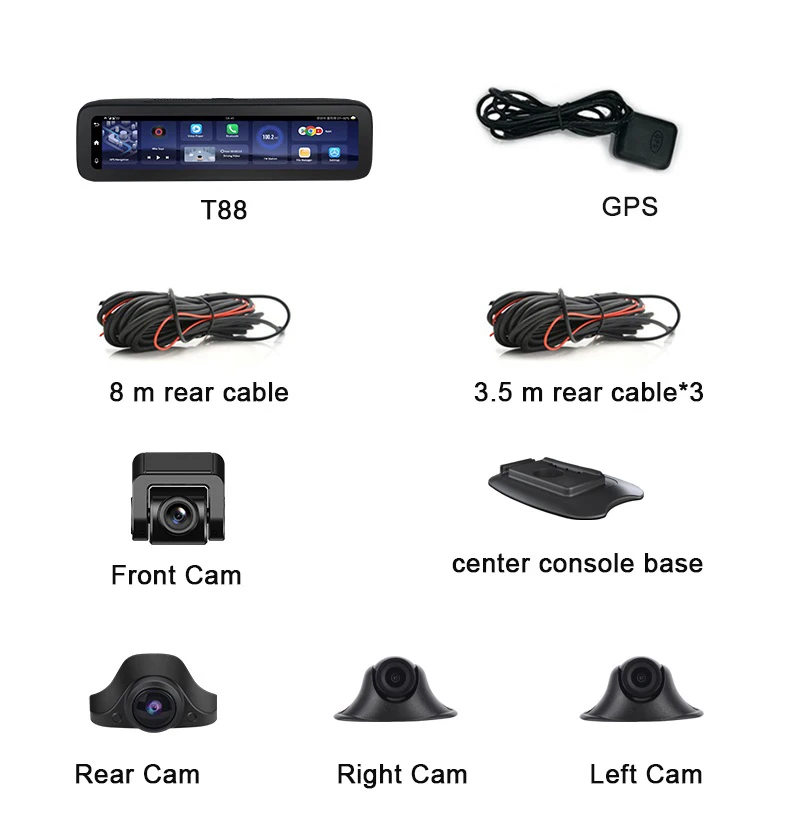 Monitor panoramico a 4 canali a 360 ° Dashcam ADAS 720P videoregistratore Android 8.1 da 12 pollici navigatore GPS da 2GB + 32GB con 4 telecamere