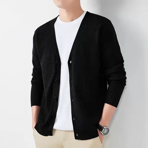 Imagen 2 del producto Animal Game-cárdigan para hombre, suéter largo con botones, blusa fría para hombre, Color sólido, prendas de punto gruesas de invierno para hombre, suéter de punto de lana