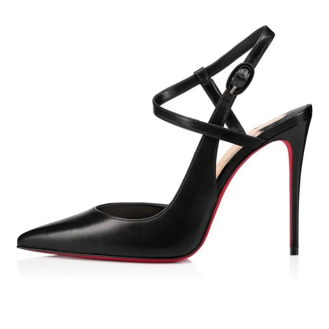 

Pointed Toe Red Bottom Black Leather Women’s Sandals One-Strap Stiletto High Heels Sweet Catwalk Show Shoes Female Classics New