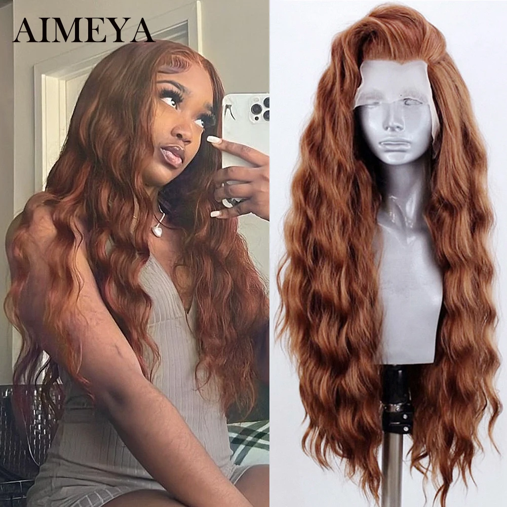 AIMEYA-Peluca de cabello sintético para mujer, postizo de encaje frontal, pelo Natural, largo, marrón, predesplumado, ondulado, Cosplay