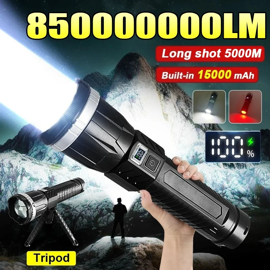 850000000LM Most Powerful LED Flashlights Ultra Bright Long Range 500M Torch Light Zoomable Portable Lamp With Bracket Light