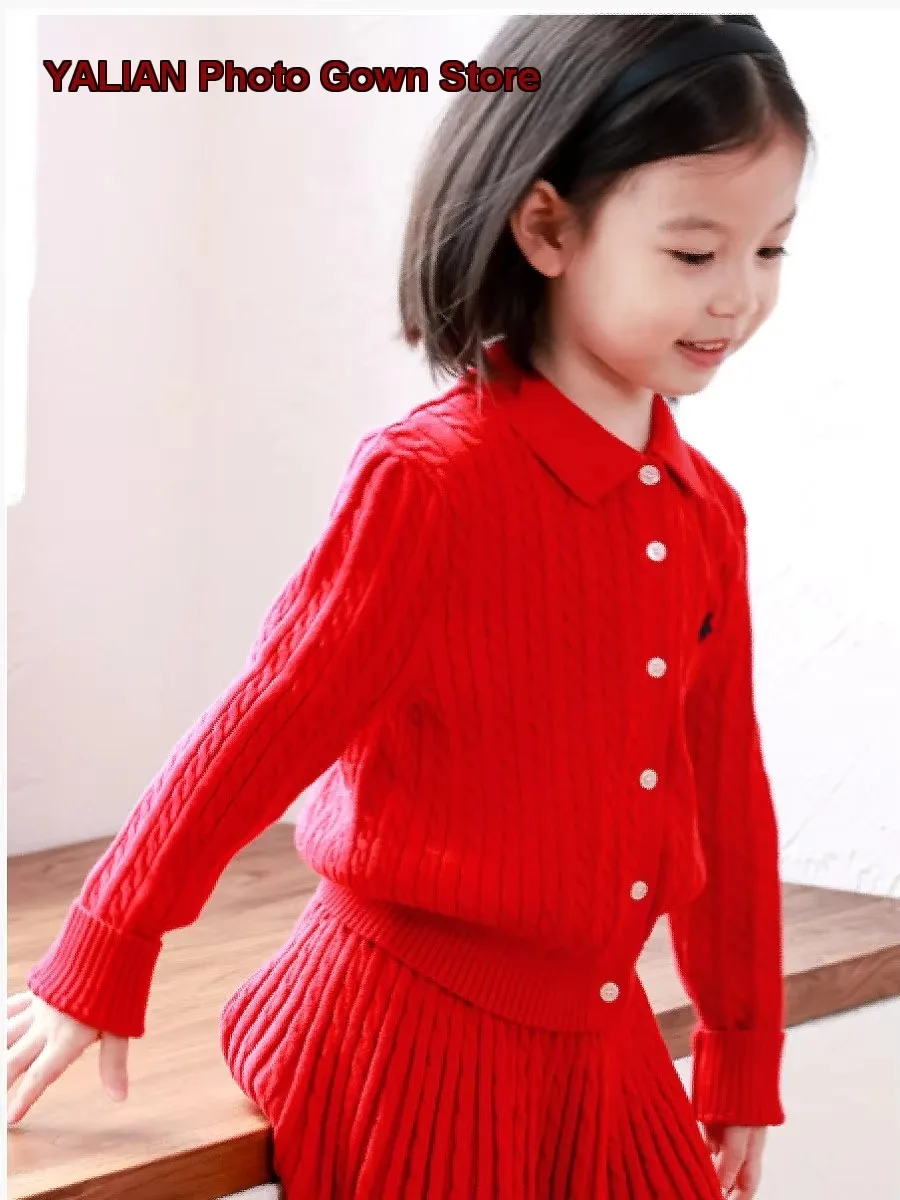 Girls Two-Piece Set Kids Autumn Winter Polo Knit Cardigan Ribbed Hollow Out New Year Dress Kindergarten
