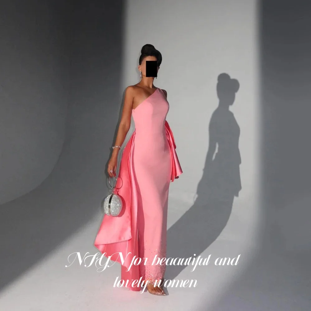 

NFYN Pink Elegant Formal Gown One Shoulder Prom Dresses Satin Back Slit Mermaid Evening Dresses for Woman حزب فساتين Customized