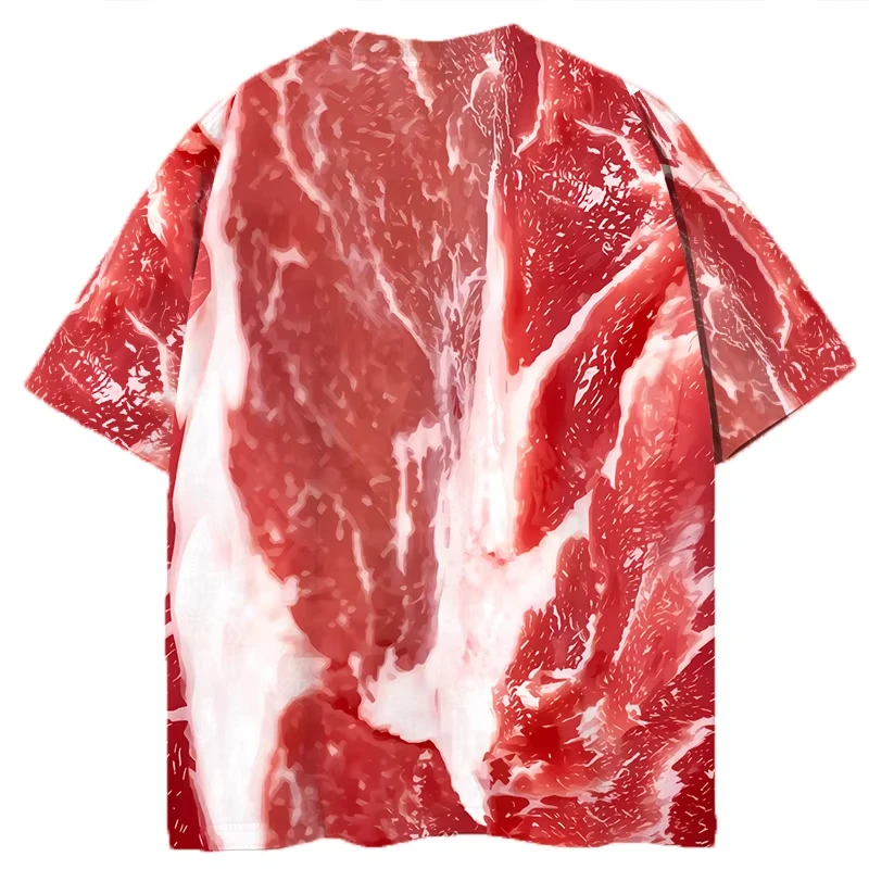 Latest 3D printed short sleeved simulation of pork belly, funny and fun, loose round neck sports and leisure exercise T-shirt