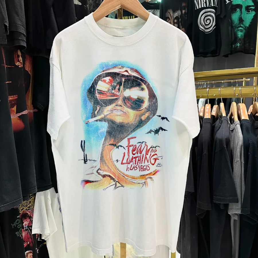 Fear And Loathing 1998 Promo Vintage Washed White T-Shirt Y2K Style Underground Print Loose Retro Summer