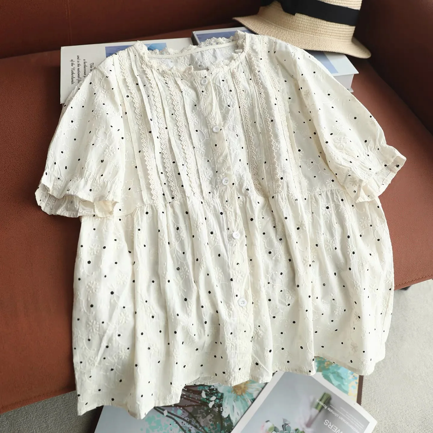 Women Cotton White Black Polka Dot Eyelet Embroidery Blouse Lace Trim Short Sleeve Loose Babydoll Cottagecore Summer Shirt