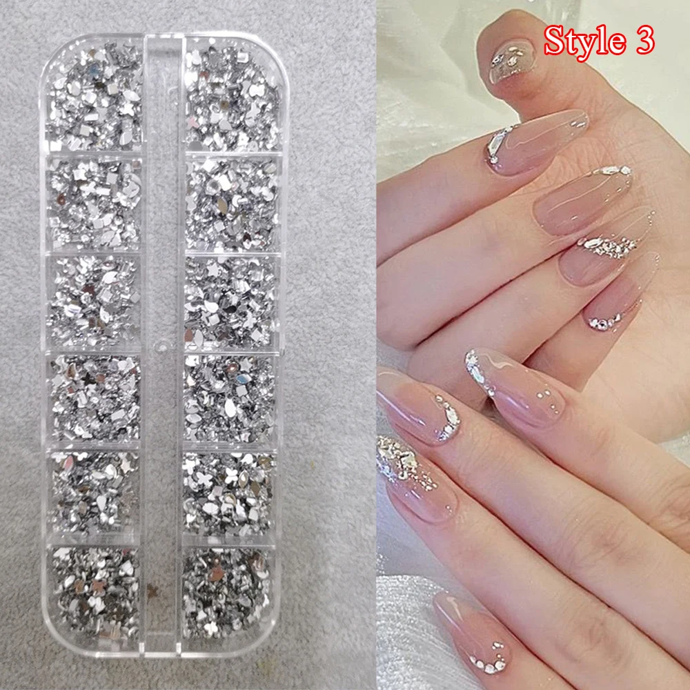 Mix 3D-Nagel-Strasssteine, 12 Gitter, Kristalldiamanten für Nagelkunst, Mini-Glitzer-Diamanten, dekoratives DIY-Nagelkunst-Zubehör