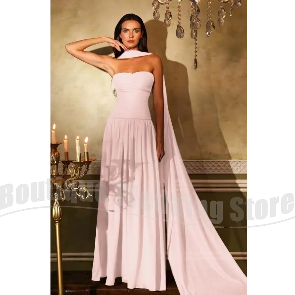 

Elegant Evening Dresses Strapless Sleevless Long Prom Gowns with Scarf Custom Made Draped Floor Length Women Party Dresses