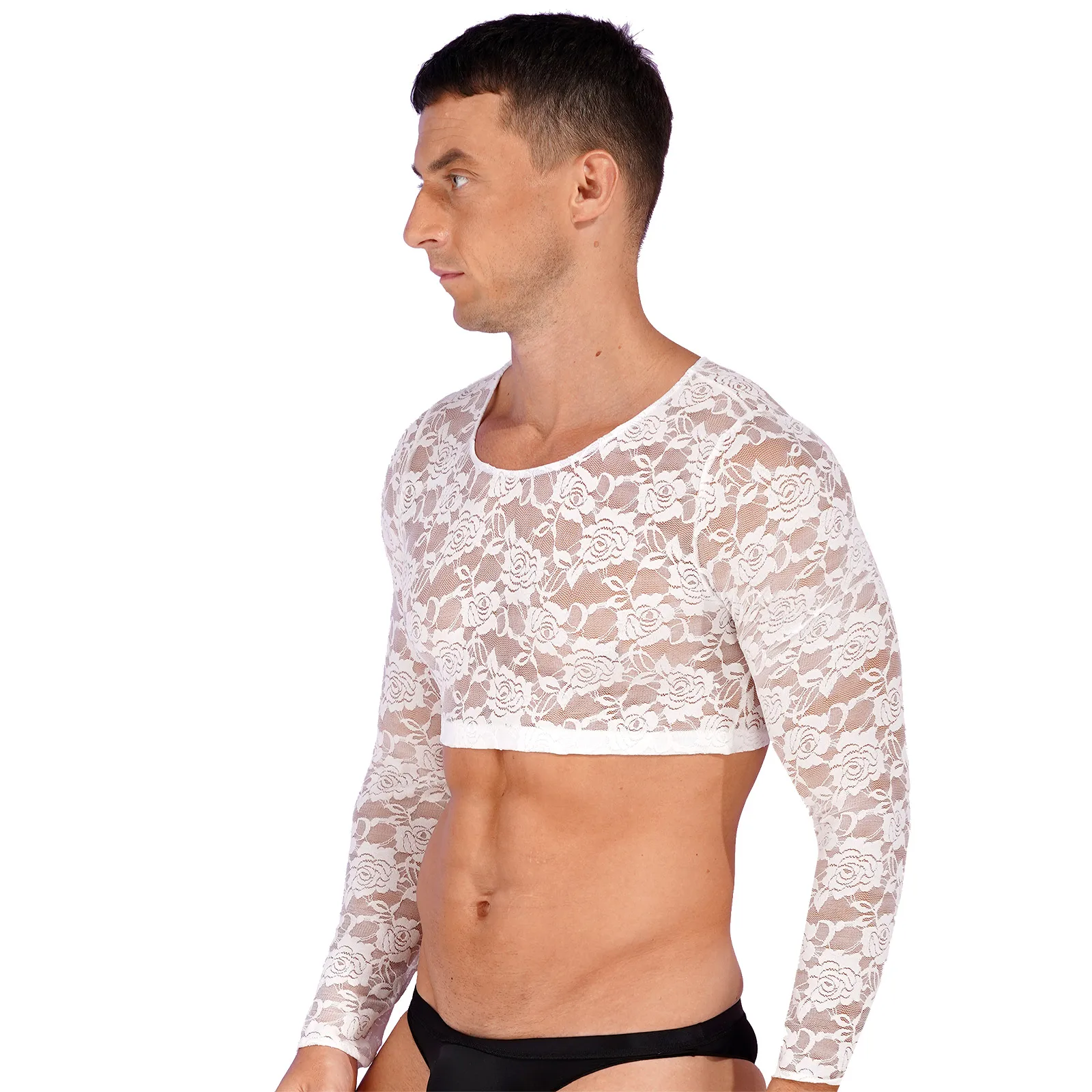 Mens Exotic Floral Lace Crop Top Casual Wear Male Sheer Scoop Neck See Through Long Sleeves T-shirt for Theme Party Cosplay Club