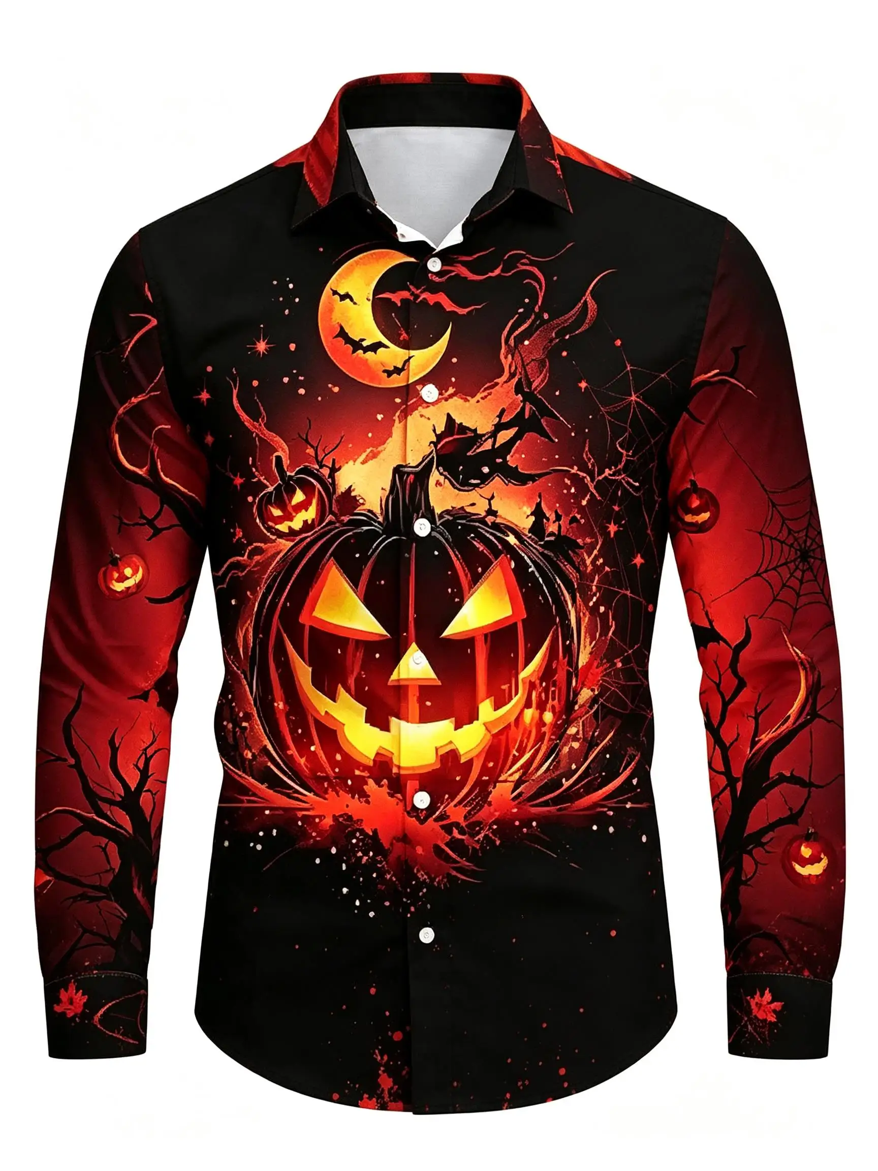 Fashion Men Button-Up Shirt Spooky Glowing Pumpkin Bat Moon Art Pattern Polyester Halloween Festival