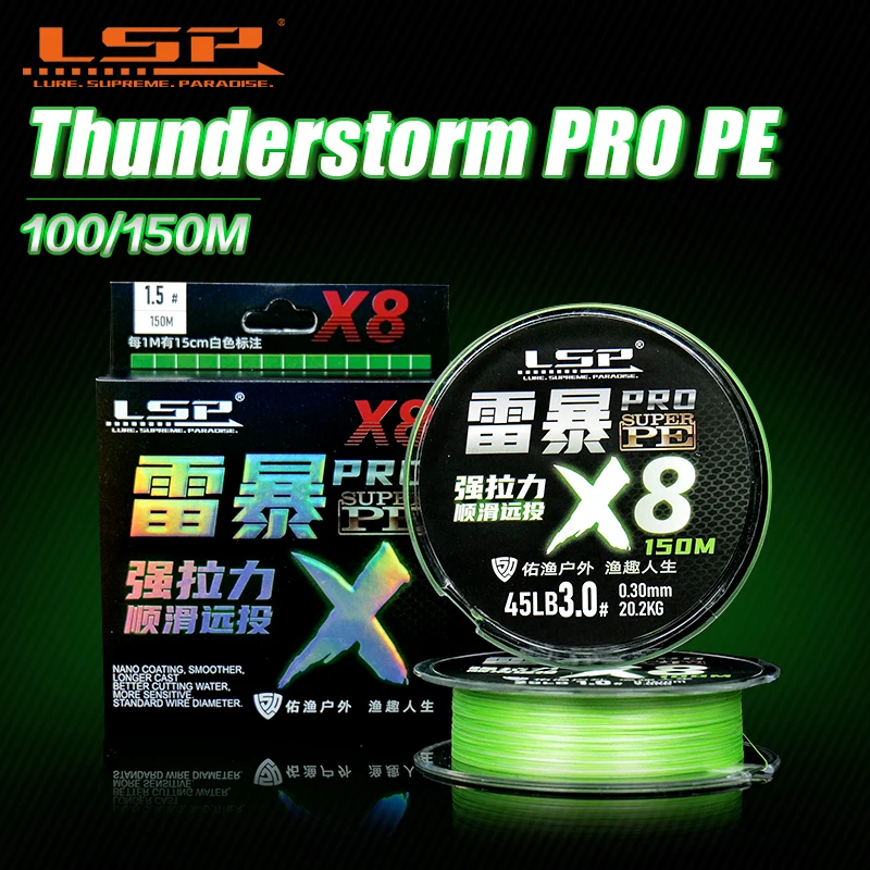 LSP Thunderstorm Pro PE línea de Pesca trenzada 8 hebras 100-500M 13-58LB línea multifilamento carpa Linhas Pesca para mar agua dulce