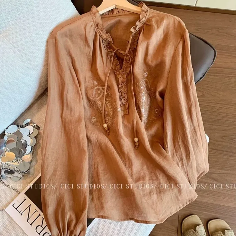 

Retro Sequined Embroidered Lace-up Earrings Shirt for Women 2025 Early Autumn New Style Linen Pullover
