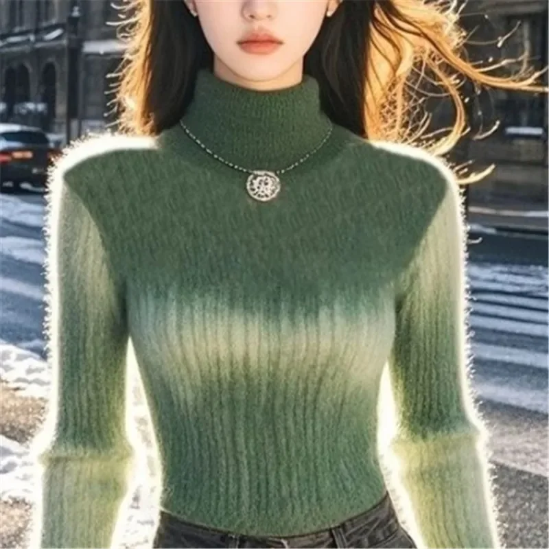 Green Gradient Turtleneck Wool Sweater Women Autumn New Furry Mohair Knit Pullover Slimming Cashmere Knitwears