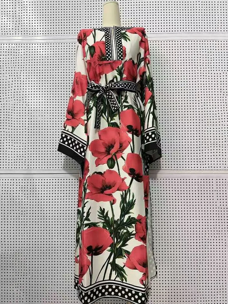 Retro geometric positioning printed lace up semi open collar pullover dress for women's fashion, loose fit plus slit skirt