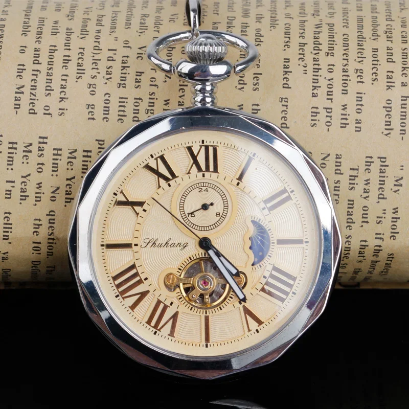 New Arrvial Open Face Hand-winding Tourbillon Mechanical Pocket Watch Roman Number Moon Phase Fob Watch Gift