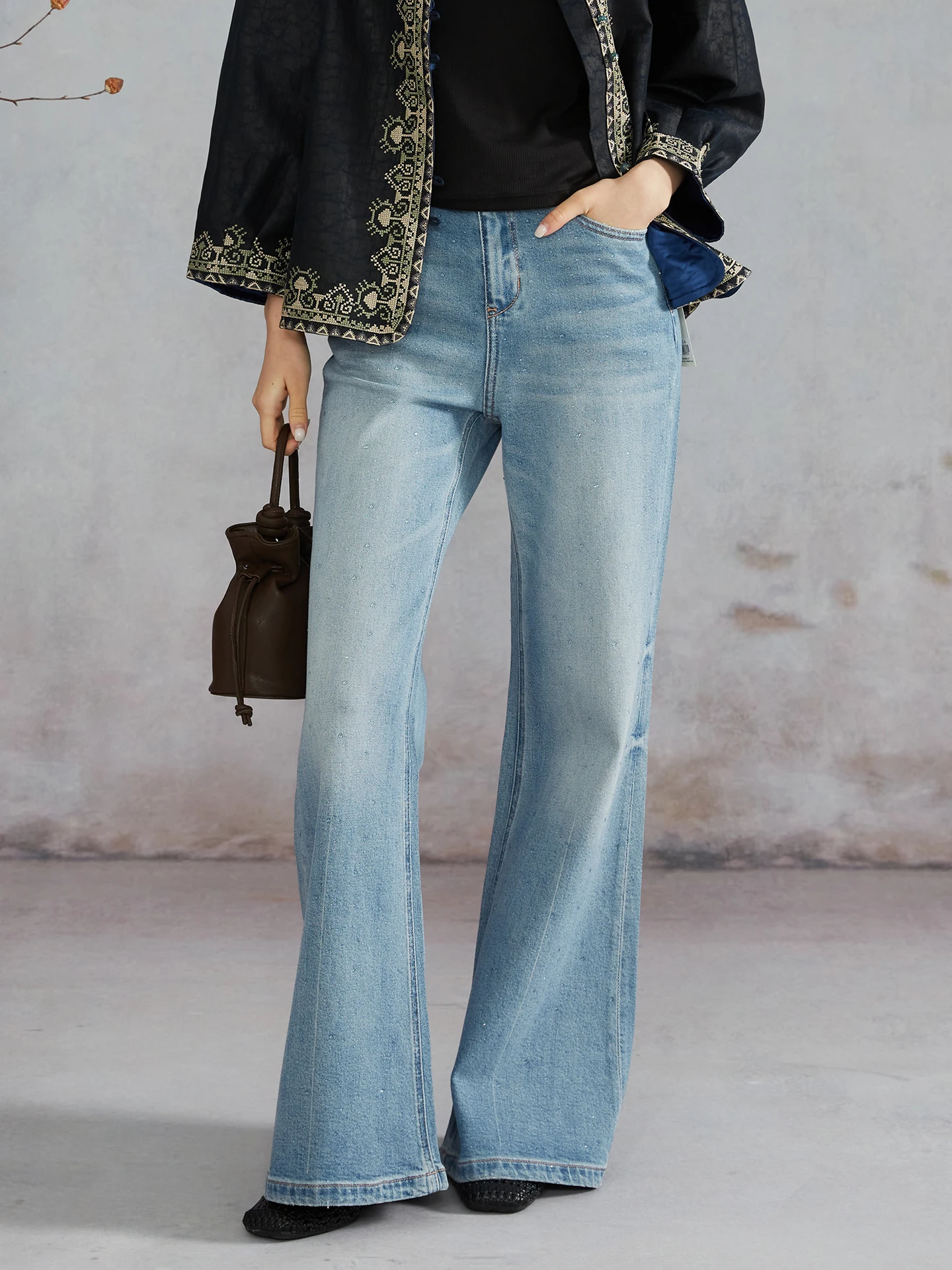 

Silviye Women's Slim Fit Ruffle Pants High Waist Elastic Diamond Spring Cotton Denim Jeans Natural Waist Button Closure