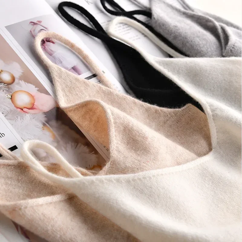 

2024 New V-neck Cashmere Sling Wool Camisole Solid Color Base Wool Vest Sexy Knitted Sweater Underwear Women