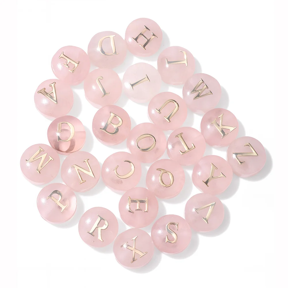 5pcs Cross hole Natural Rose Pink Quartz Stone Alphabet Bead 8mm Round Charms 26 Letter A-Z Beads For DIY Necklace Bracelet Acce view 5