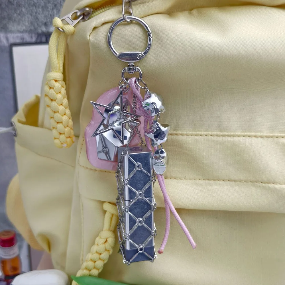 Y2K New Metal Net Pocket Lipstick Keychain Pouch Lip Balm Bag Keyring Holder Stainless Steel Dopamine Mirror Wedding Party Gift