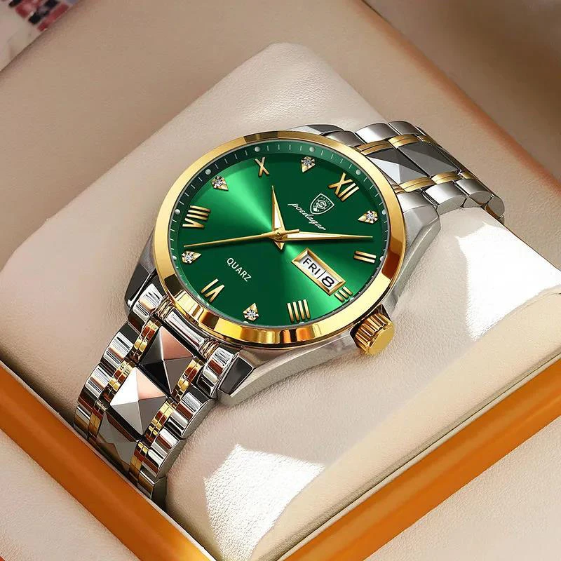 POEDAGAR Top Original Men Quartz Watch Green Waterproof Watch For Men's Stainless Steel Man Luxury Watch Luminous Wristwatch