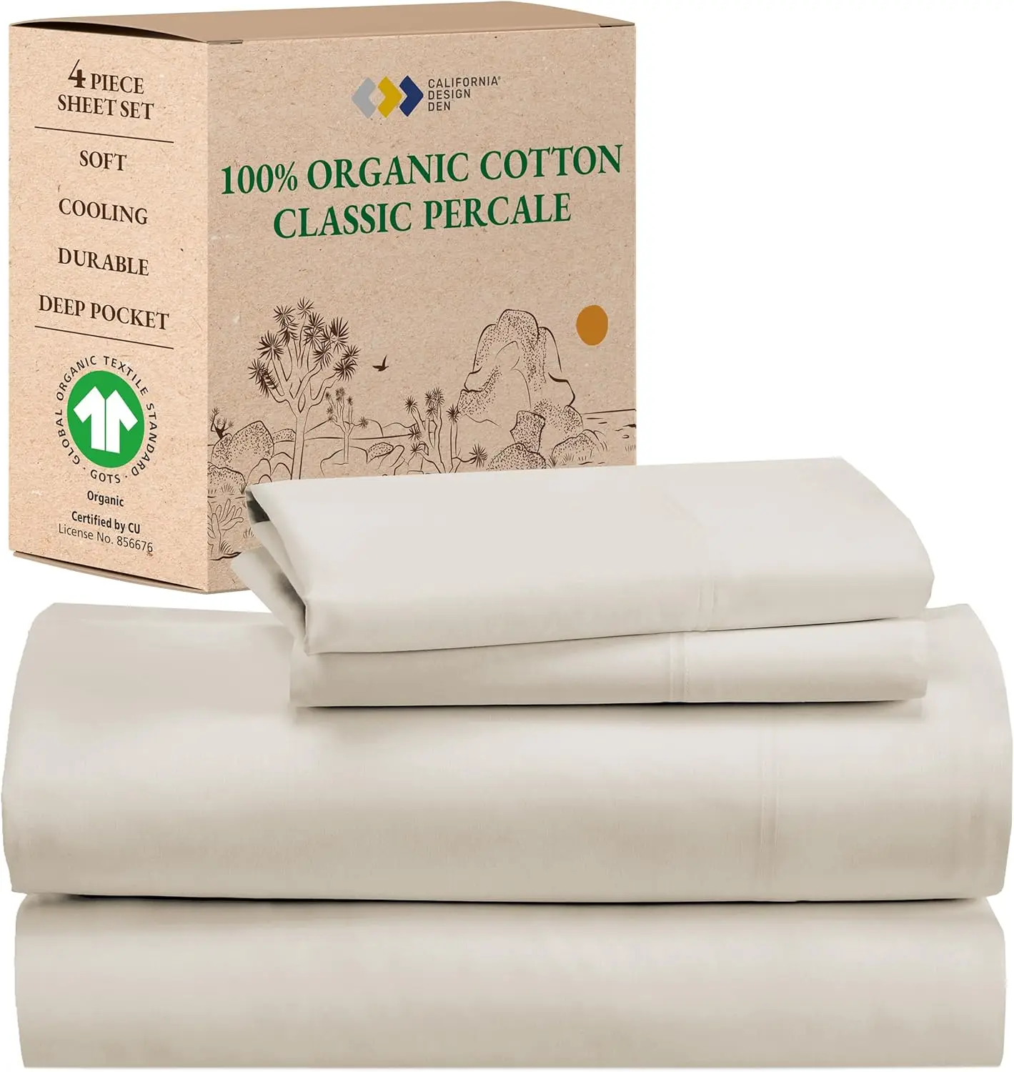 100% Organic Cotton King Size Sheet Set, Percale Sheets, Deep Pocket King Sheets, Certified - Hotel Sheets, 4 Piece Cotton