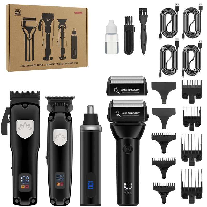 RESUXI 2026 New 4 in 1 Men's Grooming Kit LCD Display USB Rechargeable Hair Clipper Beard Trimmer Nose Trimmer T-Blade Shaver