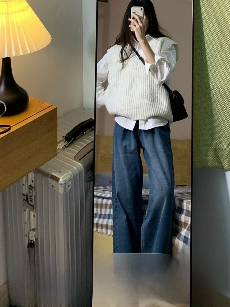 하이웨이스트 와이드 레그 스트레이트 컷 진 여성용 레트로 웨이드 데님 팬츠 가을 겨울 루즈핏 슬리밍 플로어 길이 바지