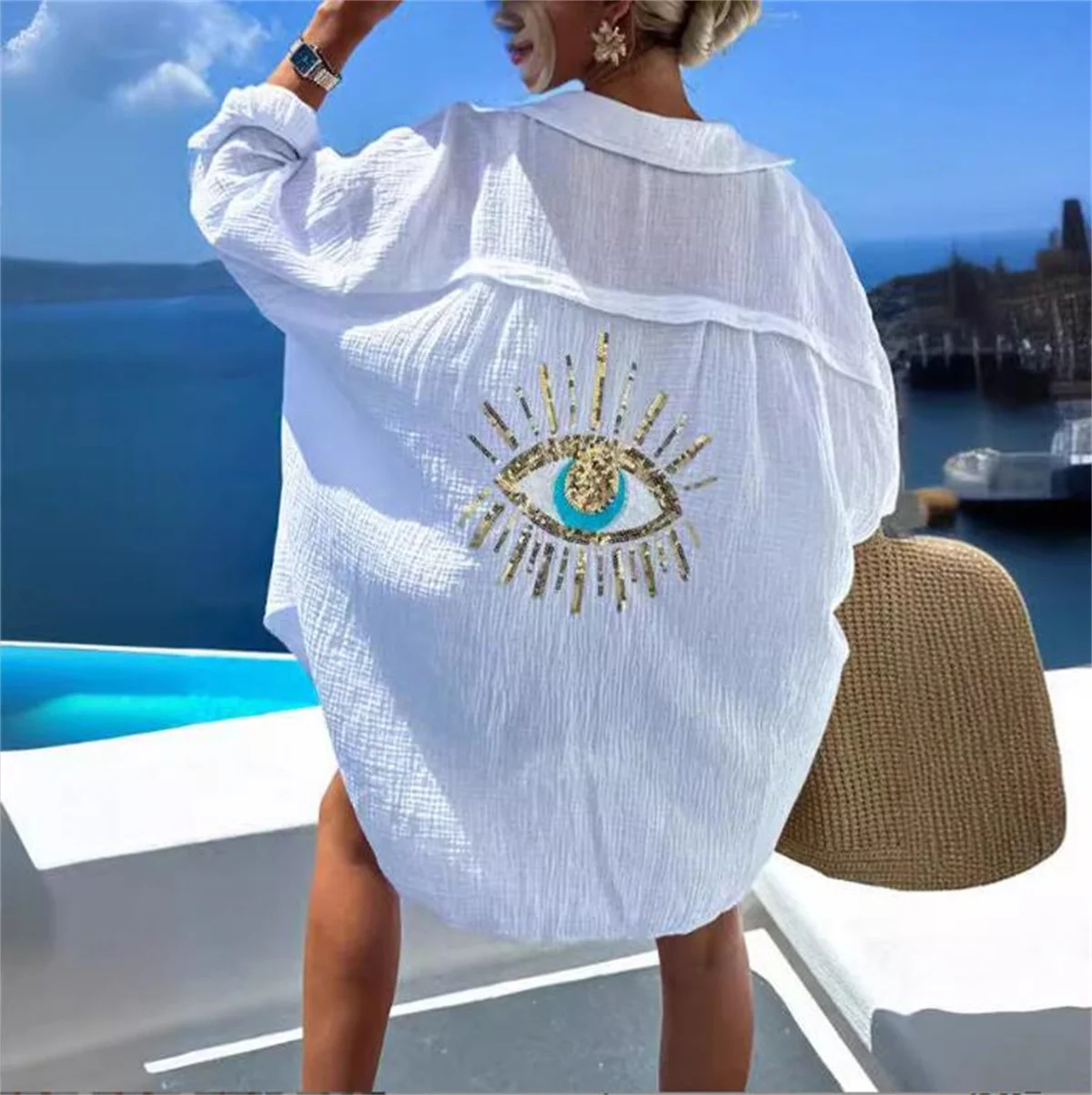 Evil Eye Long Sleeve Loose Shirt Sequin Beaded Turn-down Cardigan Tops Single Breasted Solid Casual Beach Long Blouse Summer