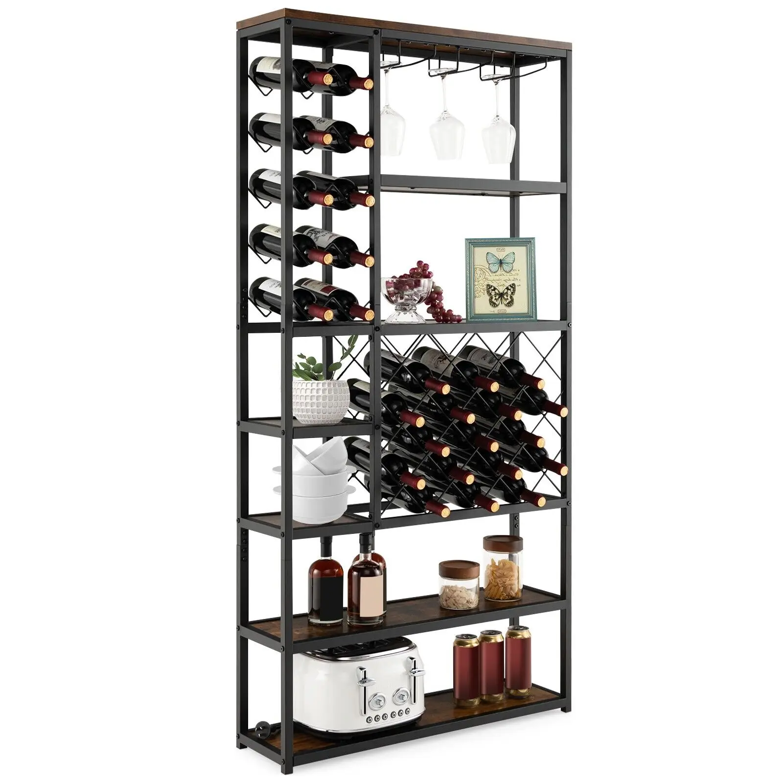 GOFLAME Industrial Floor Wine Rack Freestanding Wine Storage Organizer Shelf Display