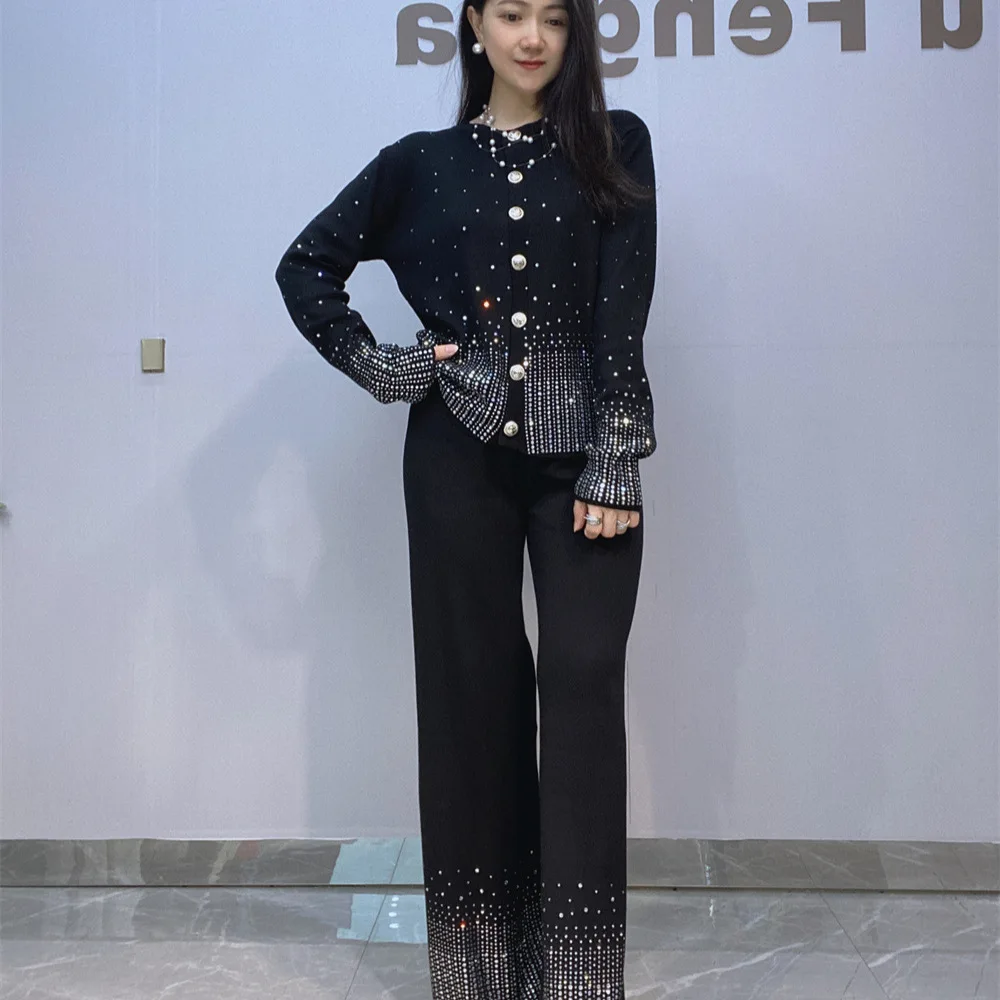 

Faionable Casual Long Sve Open Cardigan Diamond Embellied Wide Leg Pants Set Two Piece Set Women's Clothing Spring 2025