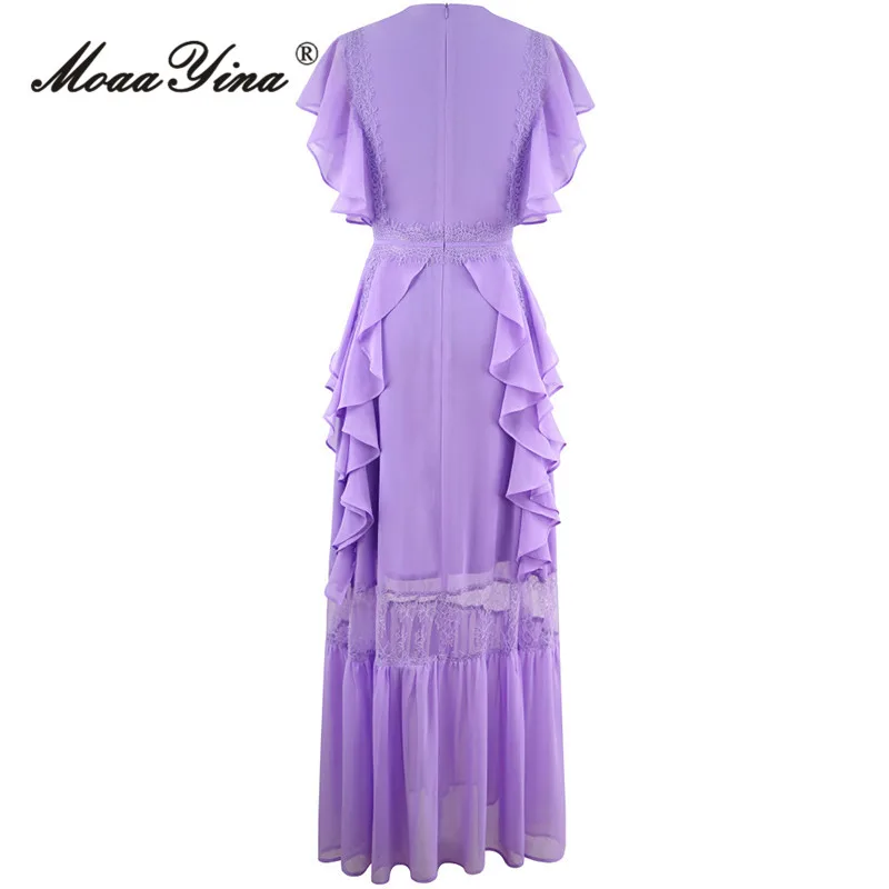 MoaaYina Summer Fashion Runway Violet Vintage Party Dress Women Sexy Deep V Neck Sleeveless Ruffles Lace Spliced Vest Long Dress