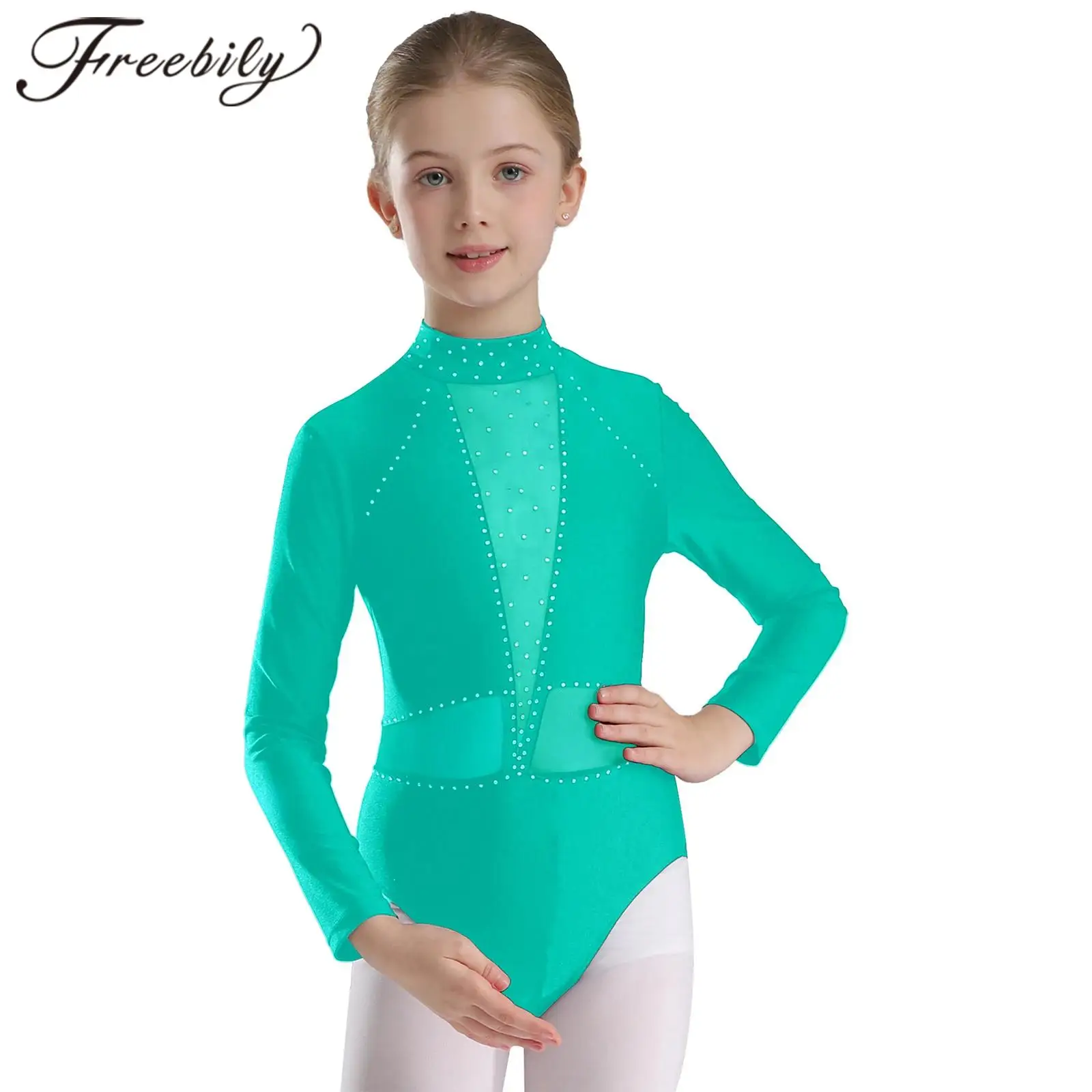 Kids Girls Long Sleeve Keyhole Back Bodysuit Gymnastics Jumpsuit Figure Skating Costume Sheer Mesh Splice Ballet Dance Leotard