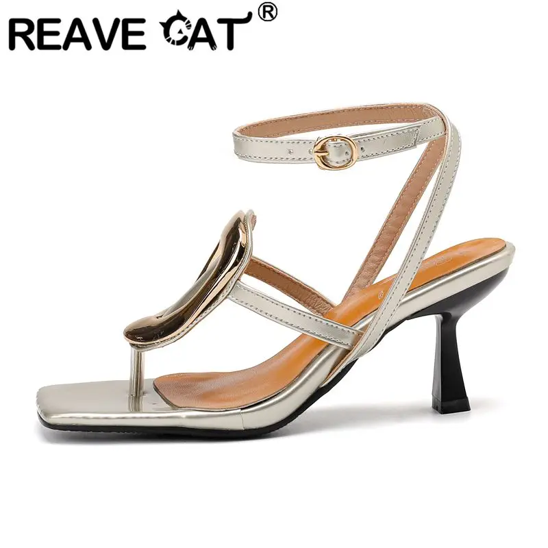 

REAVE CAT New Design Women Sandals Square Toe Thin Heels 6cm Buckle Strap Large Size 45 46 47 48 Metal Decoration Dating Shoes