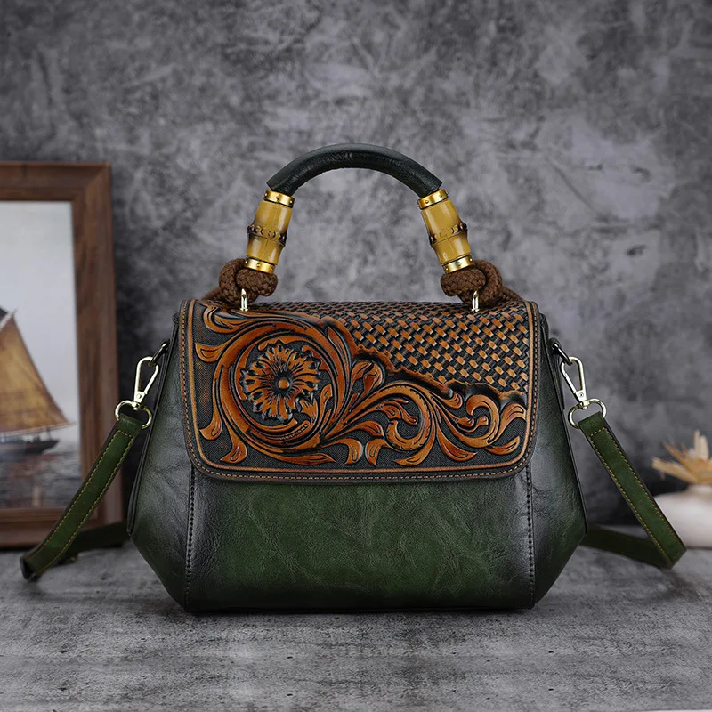 Johnature 2024 Autumn New Vintage Embossed Women Bag Versatile Leather Handbag Large Capacity Handmade Female Shoulder Bags