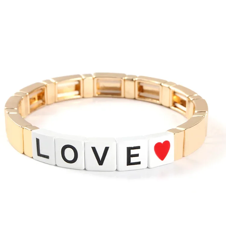 Stackable Fashion Bracelet for Women with .  Enamel Gold Letter Word and Nectarine Heart Lovers Confession Jewelry