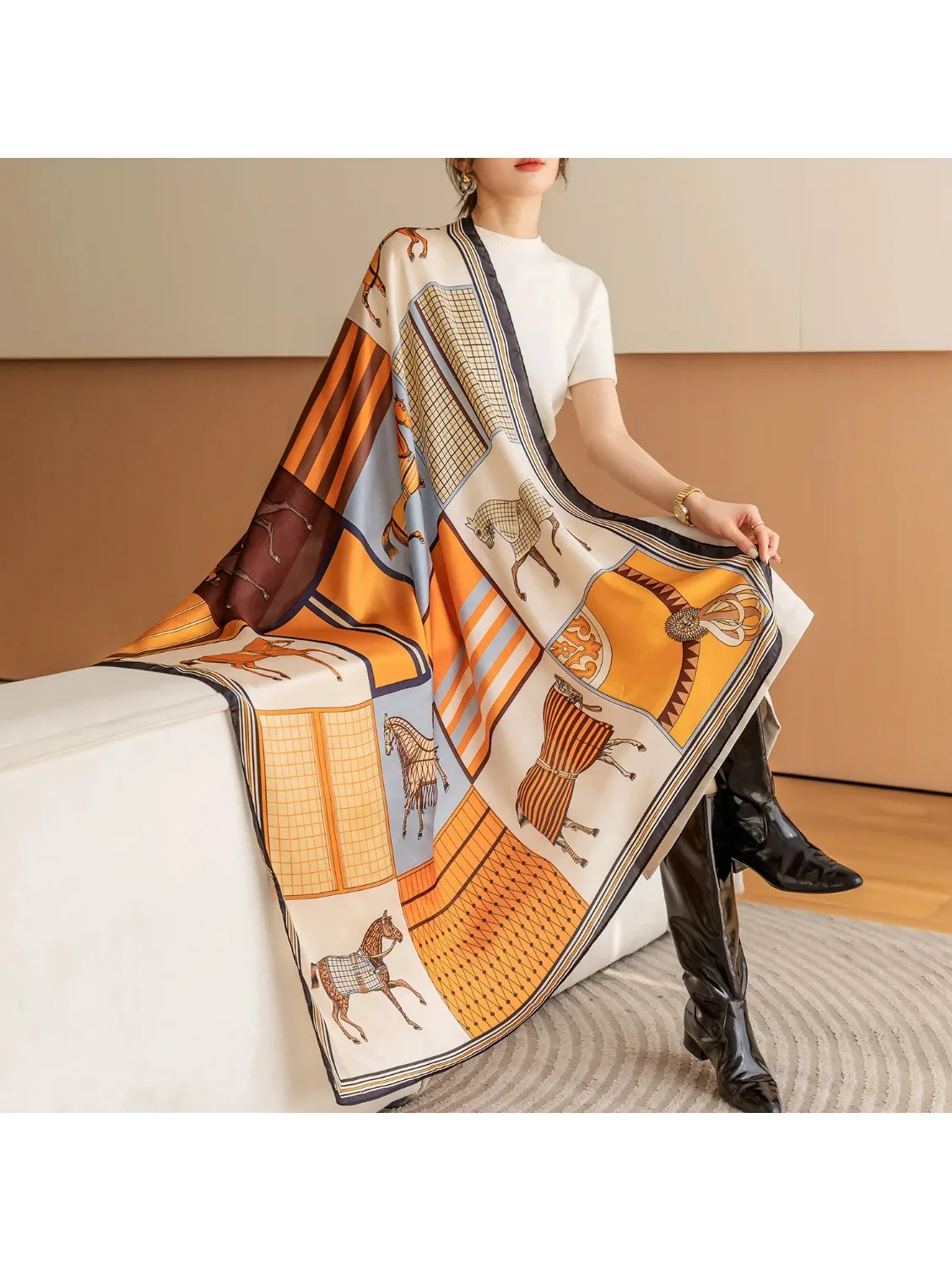 Luxus Pferd Druck Quadrat Schal Vintage Imitation Seide Schal Schal Frauen Winddicht Outdoor Kopf Wrap 110*110 cm [p'[;