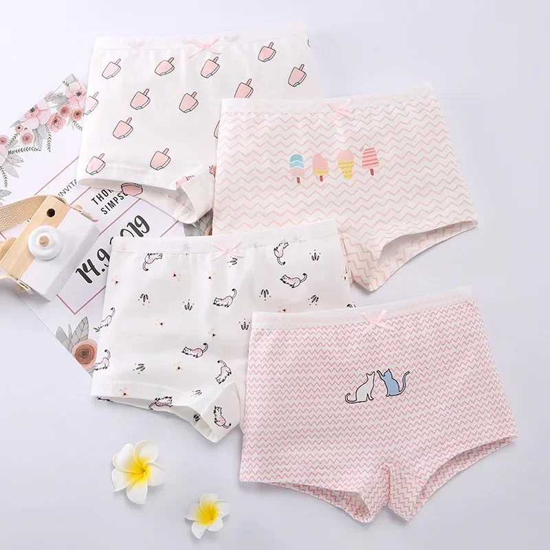 4PCS Girls Cotton Panties Kid Antibacterial Boxer Brief 2+y Young Child Cartoon Underwears Toddler Thin Breathable Cute Knickers