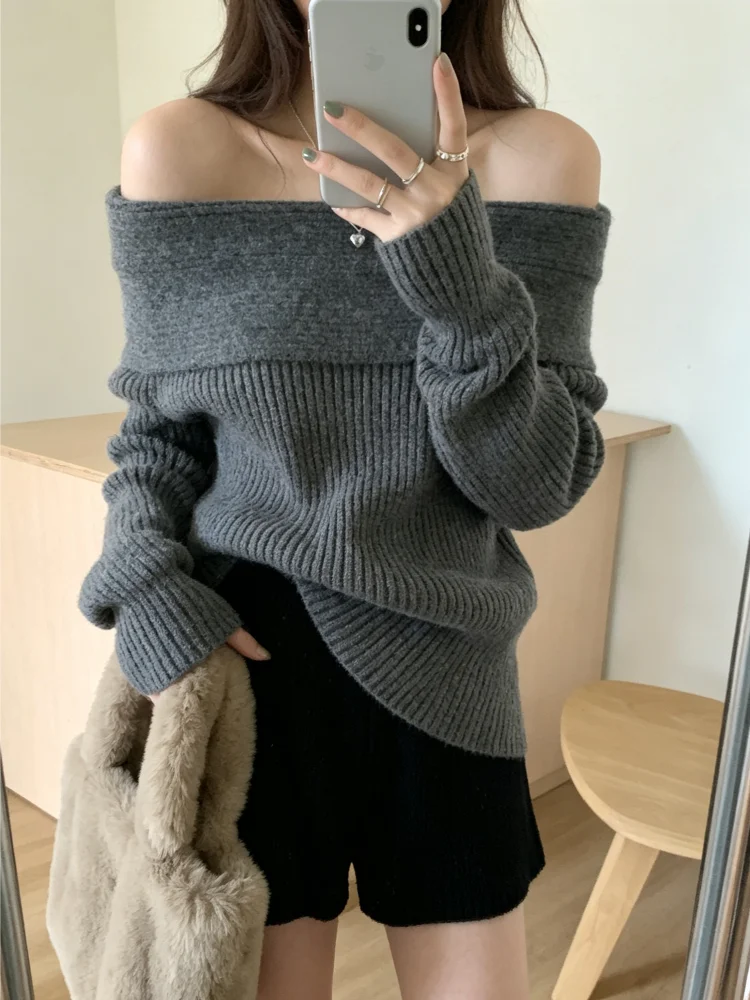 Autumn Winter Preppy Style Slim Fitted Women Off Shoulder Knit Fold‑Over Collar Long Sleeve Cropped Casual Pullover Sweater Tops