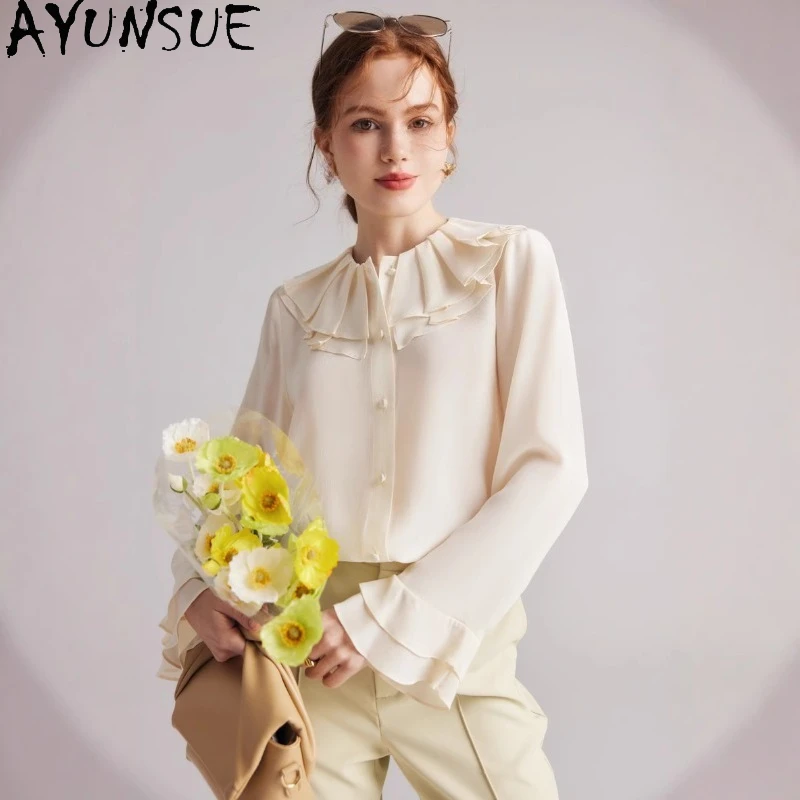 

AYUNSUE 100% Mulberry Silk Blouse for Woman Elegant Shirts Unique Top for Office Lady Woman Clothing Roupas Feminina Blusa