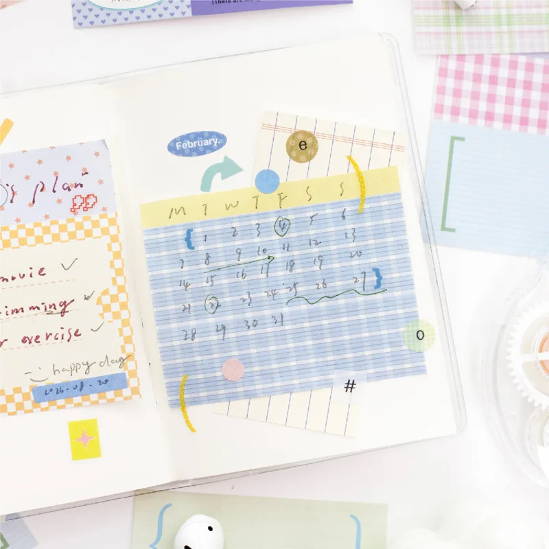 100 Sheets Grid White Kraft Paper Notepad, Pastel Plaid Memo Notes, Self‑adhesive Sticky Notes for Journal Planner School Office
