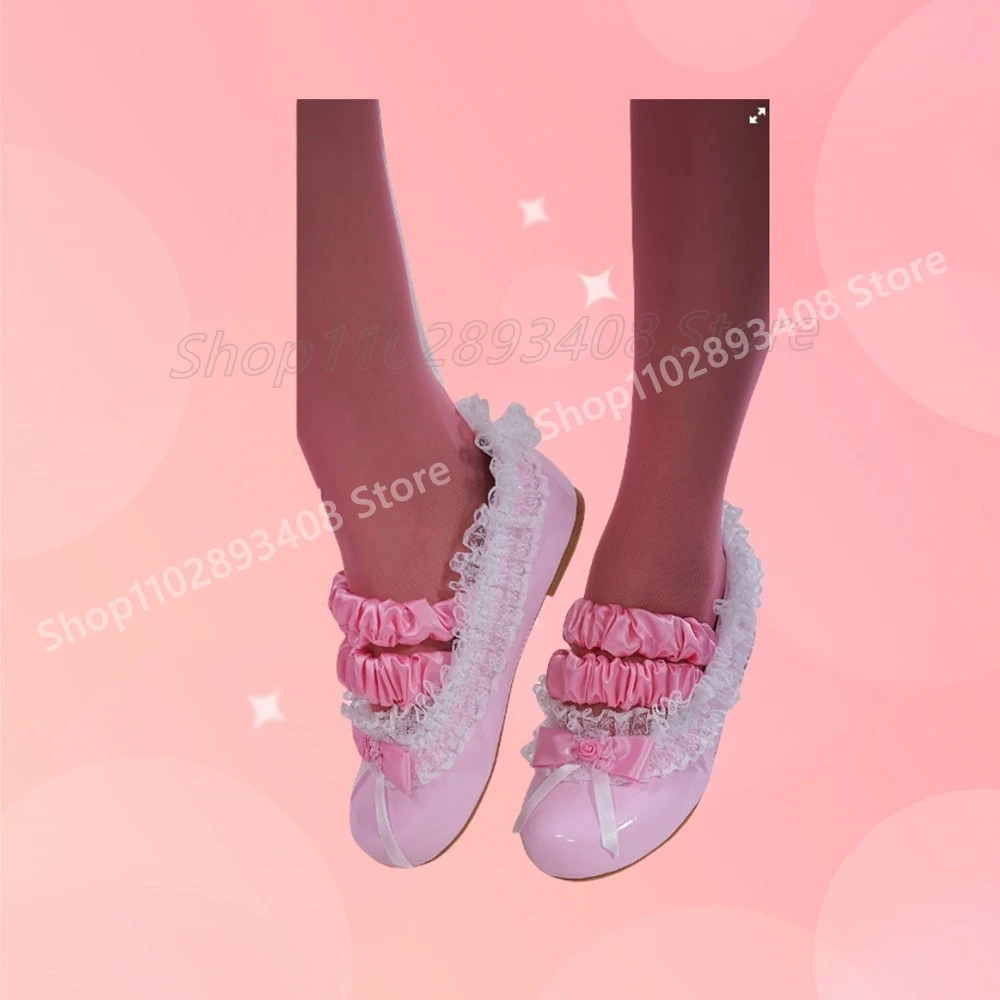 الوردي الدانتيل فراشة عقدة ديكور مضخات الضحلة تأثيري شقة مع جولة تو لامعة جلدية موضة أحذية النساء 2025 جديد الفقرة Mujere