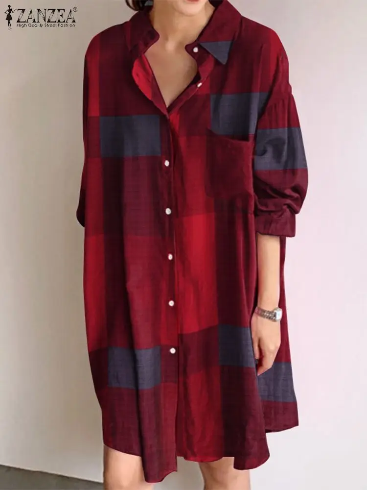 Vintage Check Shirt Dress ZANZEA Women Summer Sundress Robe Femme Casual Long Sleeve Short Vestidos Female Lapel Button Kaftan