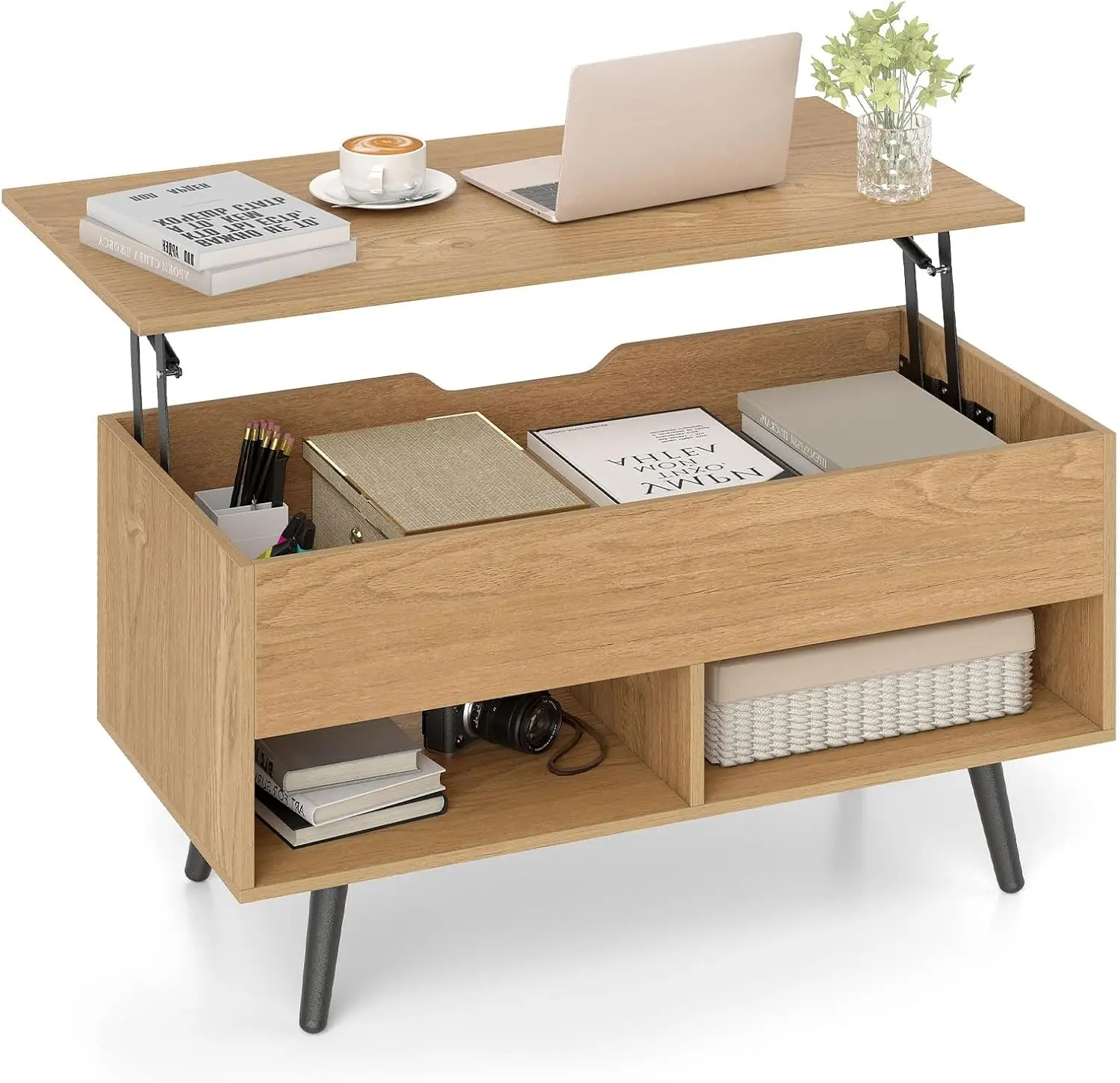 

Natural Modern Lift Top Coffee Table - Wooden Flip Top Cocktail Table with Hidden Compartment & 2 Open Shelves for Living Room