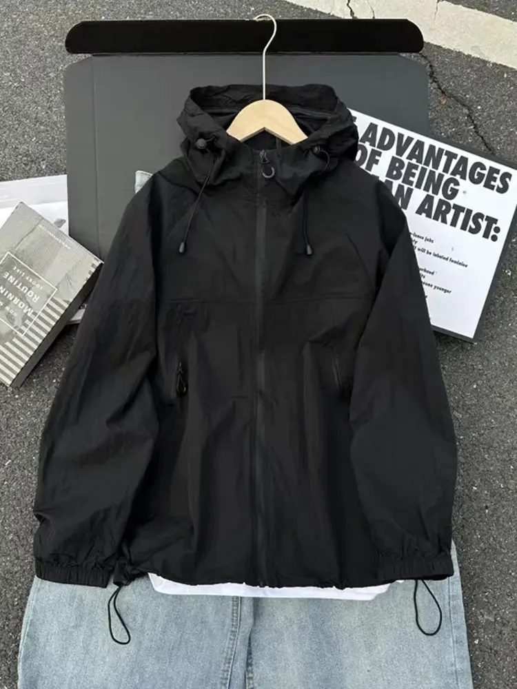 Black Quick Dry Men's Outdoor Jacket Summer UV Protection Hat Integrated Fleece Windproof Breathable Cycling Coat