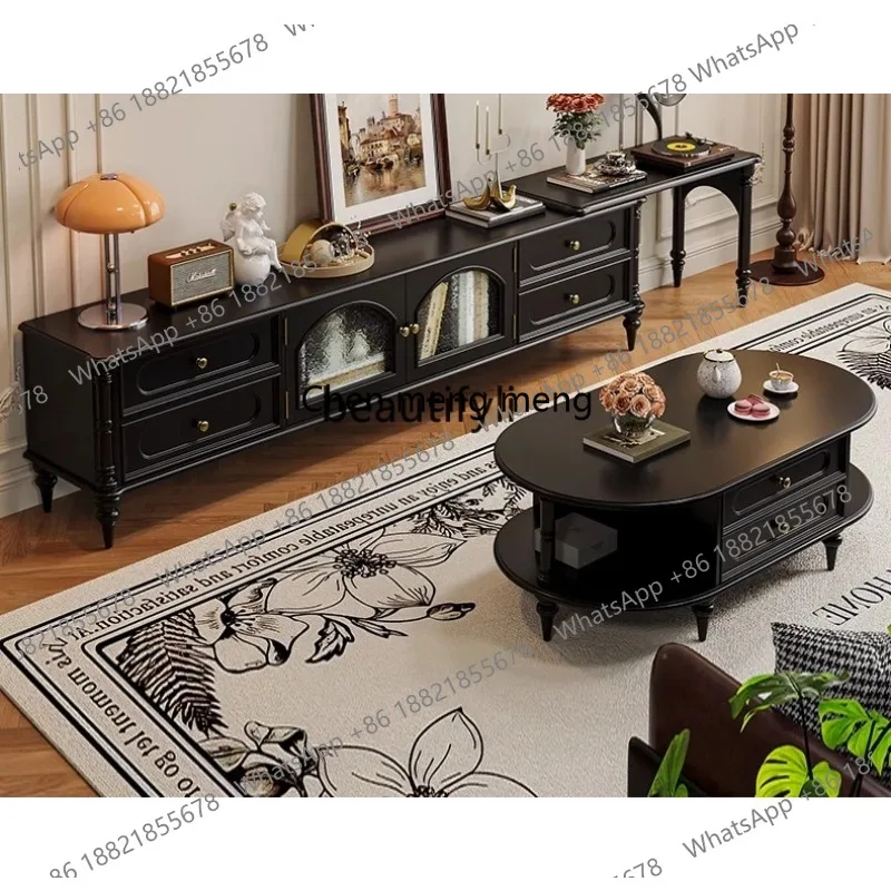 

American retro solid wood telescopic TV cabinet coffee table combination household storage locker