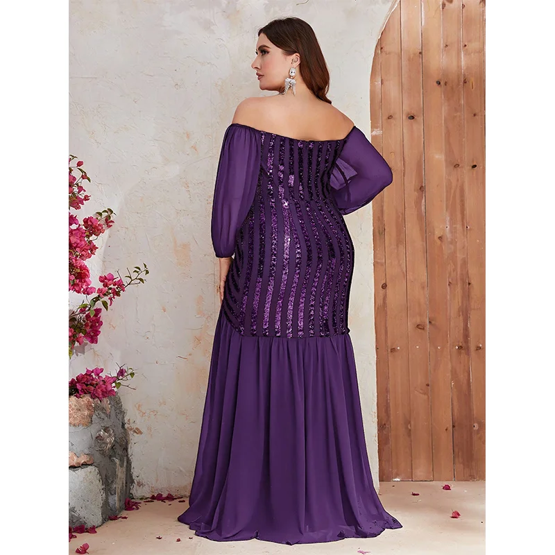 Plus Size Off Shoulder Chiffon Loose Evening Dress 4XL5XL Big Size Striped Sequin Party luxury Fashion Maxi Dress Women 2023